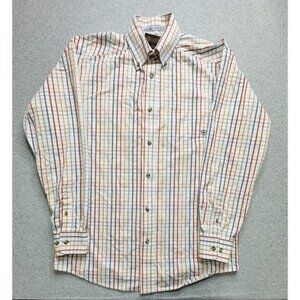 Ariat Shirt Adult Small White Blue Plaid Western Performance Stretch Rodeo Mens